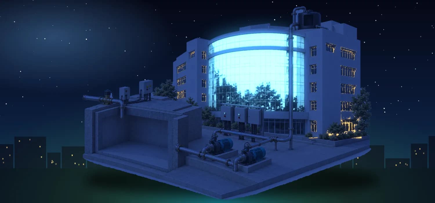 A smart building at night with a rooftop water tank, electrical panels, pipes and pumps
